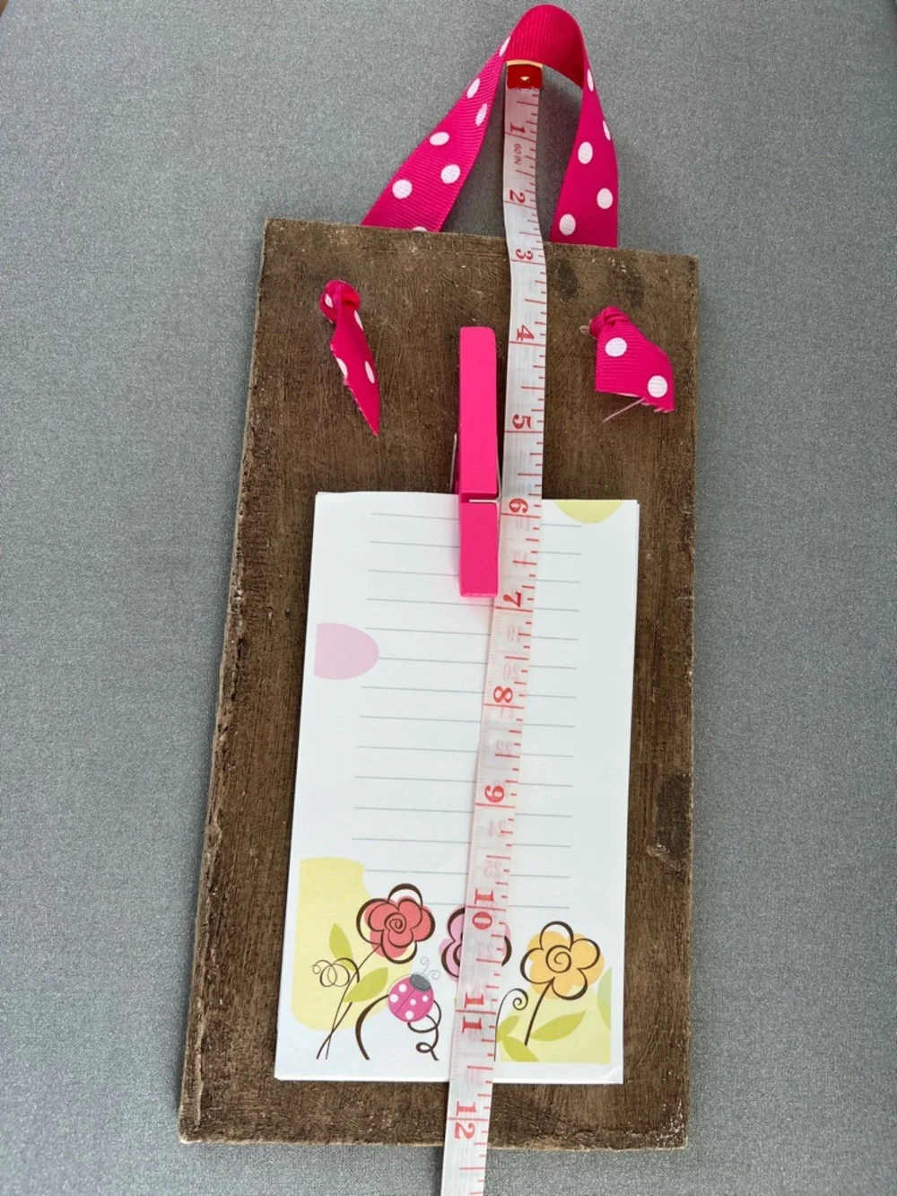 Handmade & Upcycled Pink Polka Dot Ribbon Note Holder Clip 12.25” x 5”